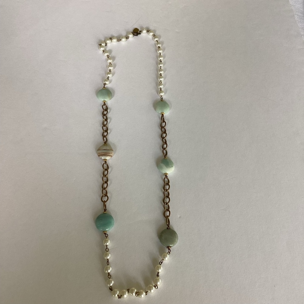 Julio Designs Necklace Mixed Pearl & Aqua Stone Gold Chain Accents Long Artisan